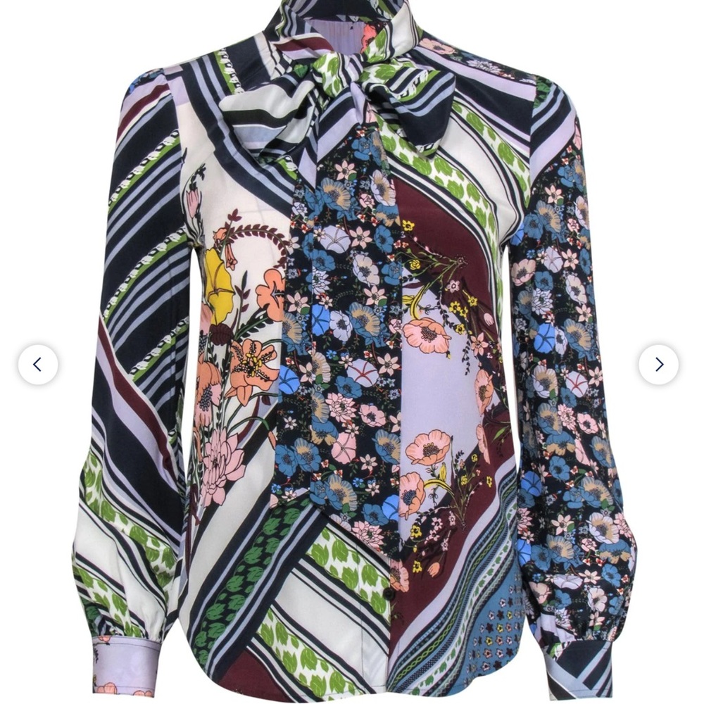 TORY BURCH Floral Patchwork Silk Tie Neck Blouse Shirt Top Sz 2
